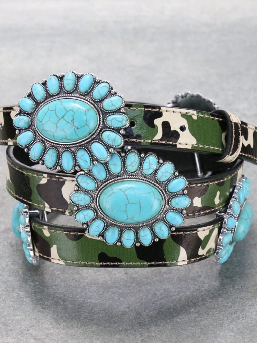 Western Concho Cowgirl Howlite Stone Vegan Leather Camo Style Belt L/XL NEW